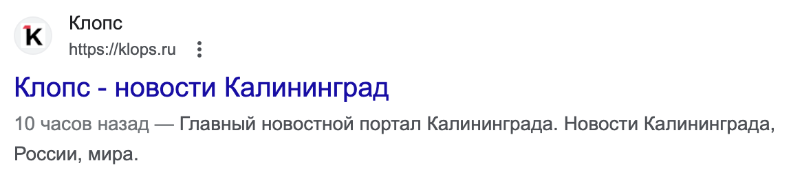 Скриншот сниппета калининградского новостного сайта Клопс с описанием тематики ресурса