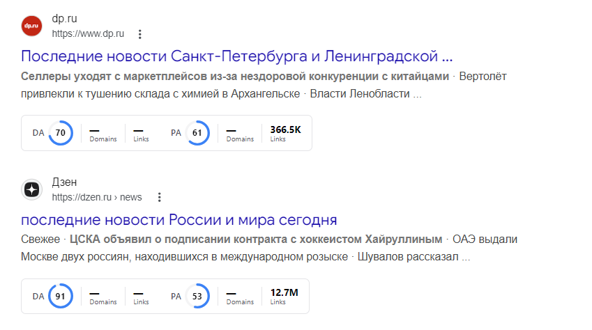 Скриншот выдачи Google по запросу «новости»