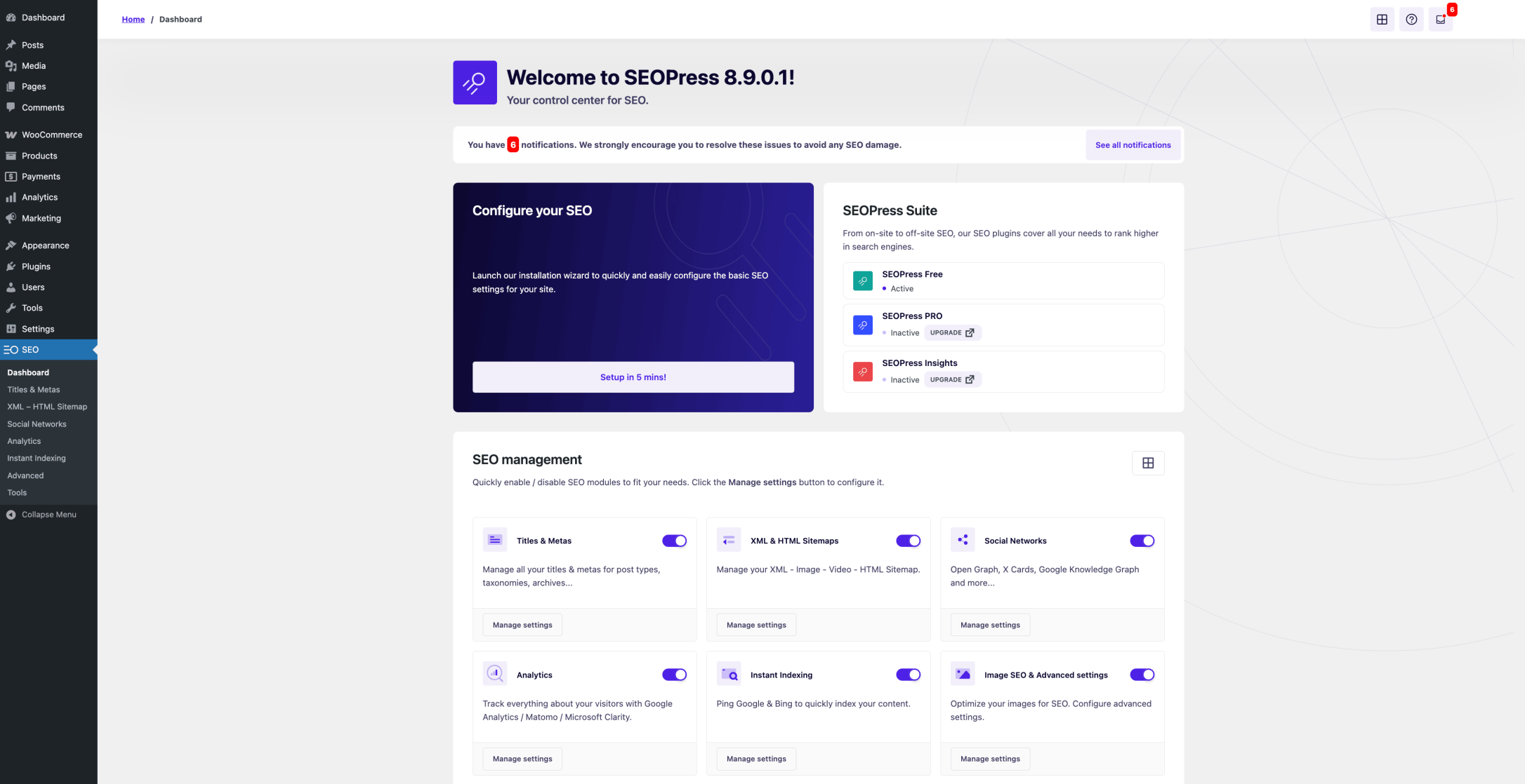 Скриншот главного экрана плагина SEOPress