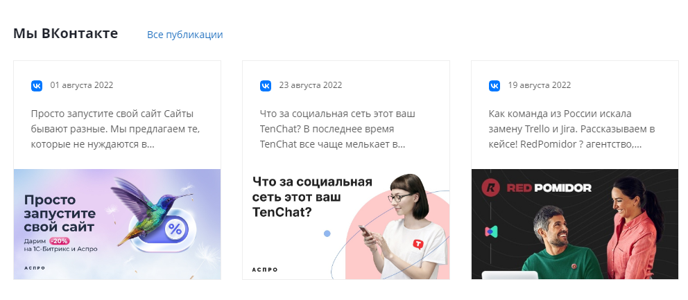 Скриншот ленты сообщества ВК в виджете на сайте. Источник: АСПРО