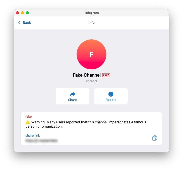 Предупреждение Telegram о фейковом аккаунте