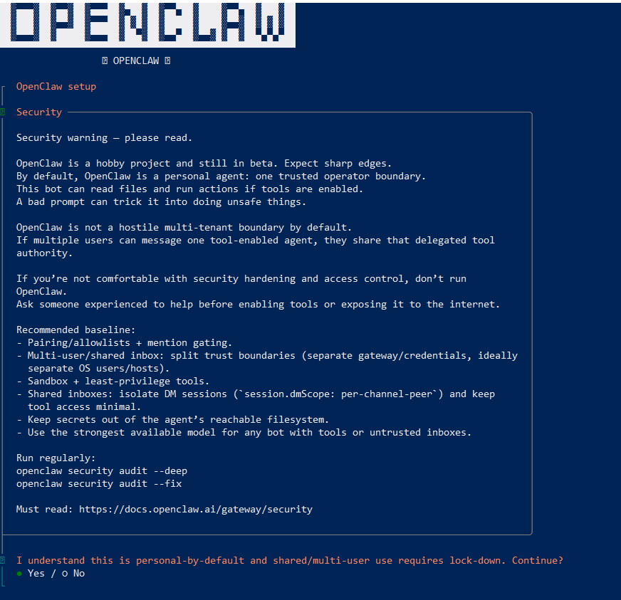 Скриншот окна установщика OpenClaw