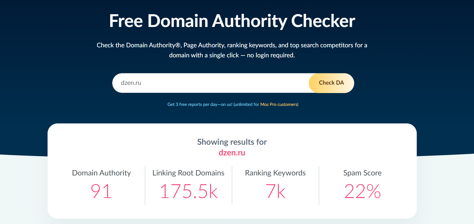 Скриншот проверки Domain Authority для сайта dzen.ru