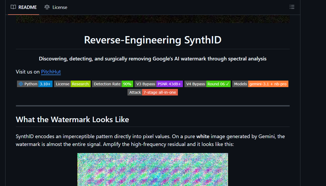 Скриншот проекта reverse-SynthID на сайте GitHub