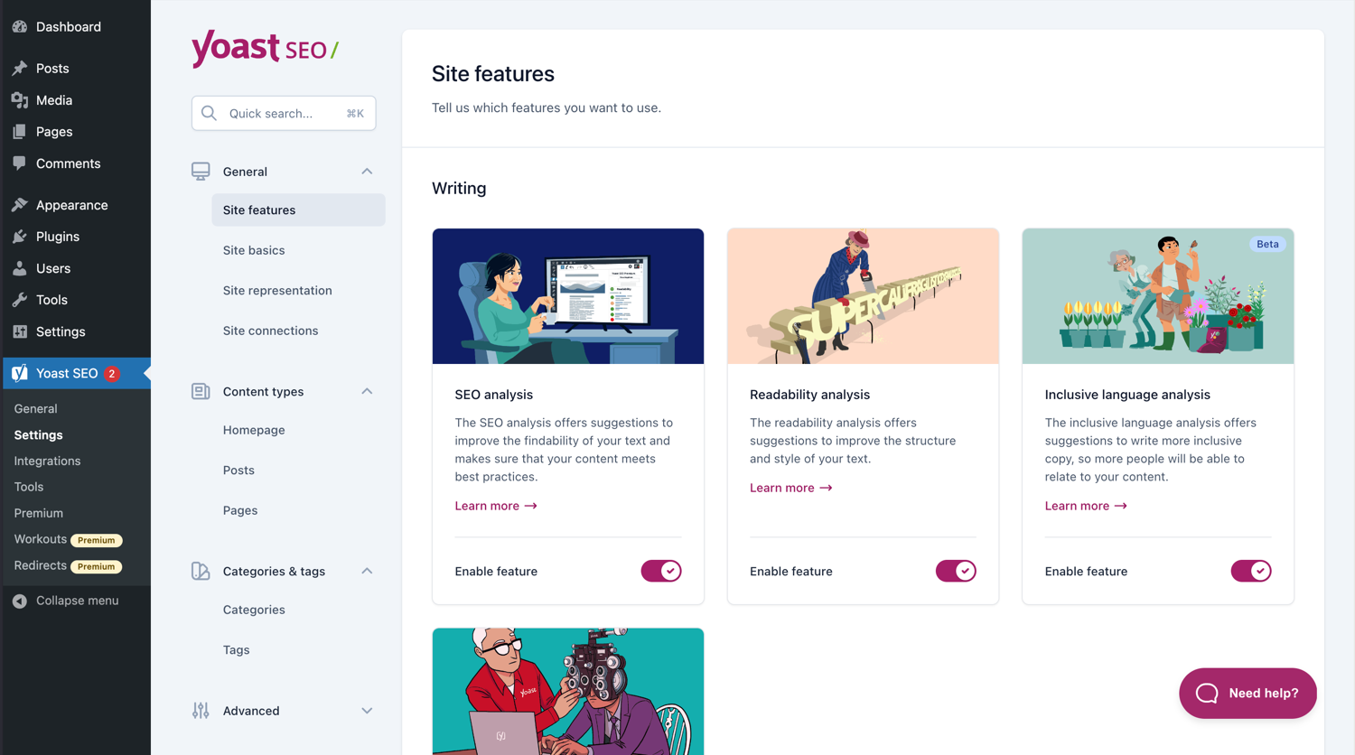 Скриншот главной страницы Yoast SEO в админке WordPress
