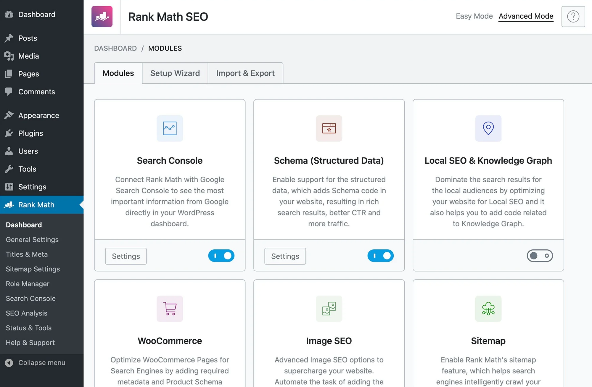 Скриншот главного экрана плагина Rank Math SEO