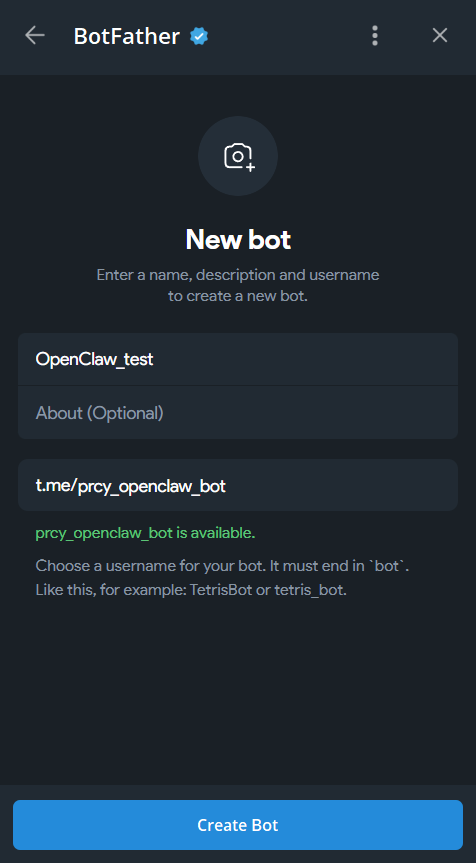 Экран создания бота в BotFather