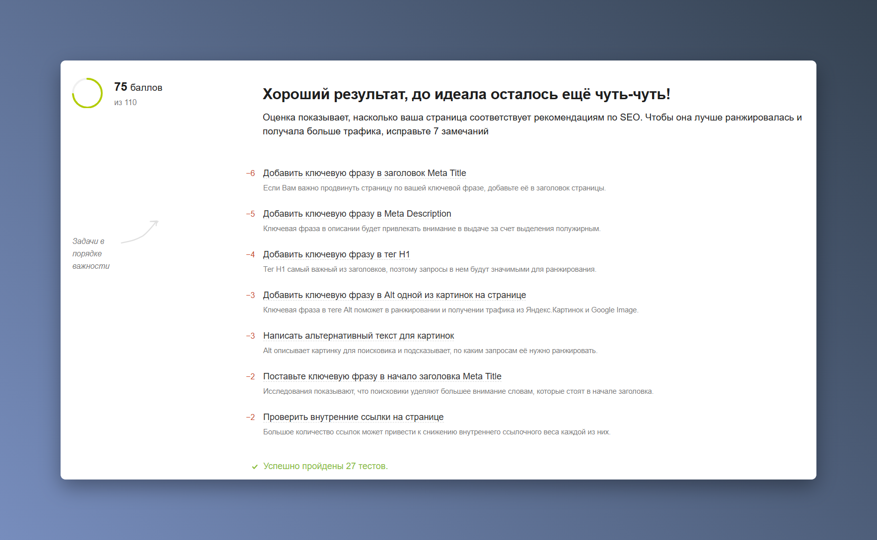 Скриншот инструмента для SEO-анализа страницы сайта