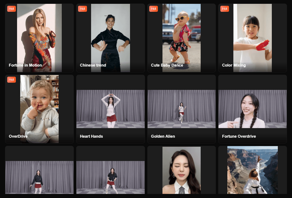 Скриншот библиотеки видео на сайте Kling Motion Control