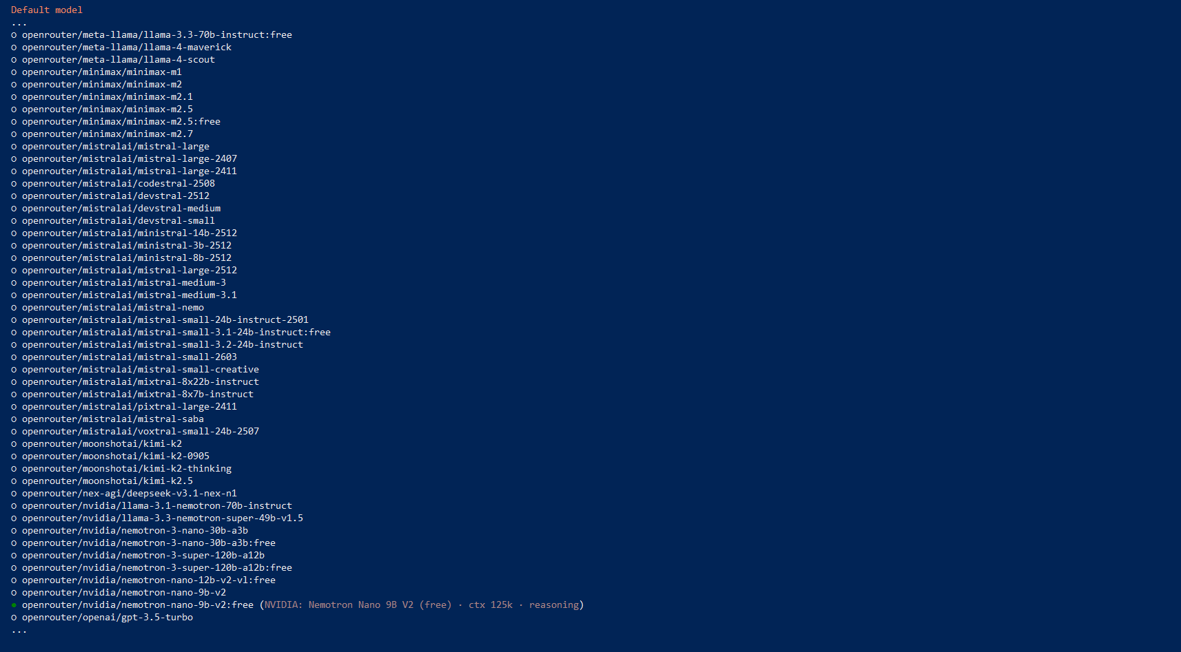 Скриншот выбора модели из списка OpenRouter