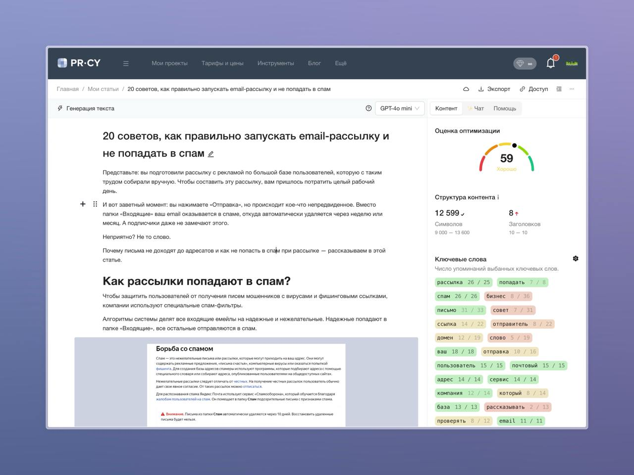 Скриншот редактора текстов на сайте PR-CY