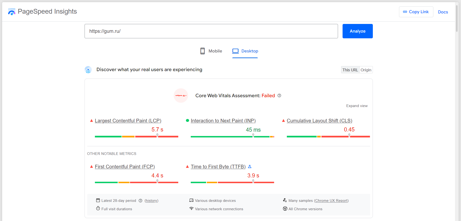 Скриншот окна PageSpeed Insights со средними данными по сайту за последние 28 дней