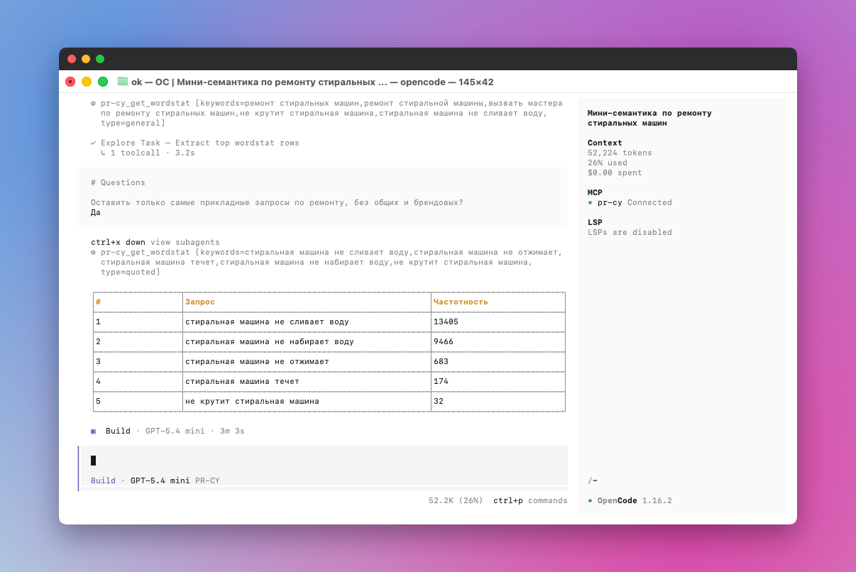 Скриншот работы с OpenCode через PR-CY API